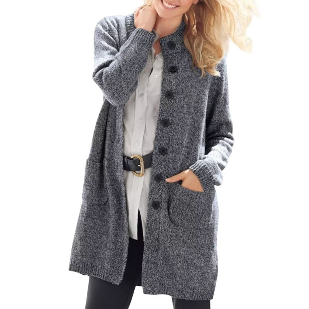 Woman Within Marled Sweater Jacket in Black/White, Size L (18/20)